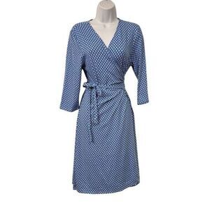 Fresh Produce Wrap Dress Blue Lrg Geometric V-Neck 3/4 Sleeve Knee Length USA